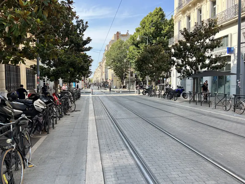 La rue de Rome, rue commerçante arborée traversée par le tramway, à Marseille
